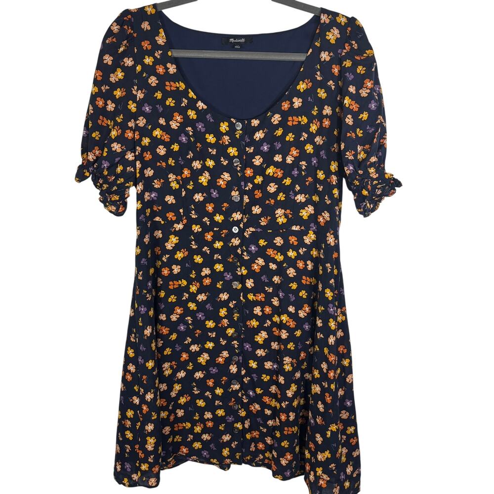 Madewell Floral Button Front Puff Sleeve Mini Dress Womens 12 Navy Blue Lyocell